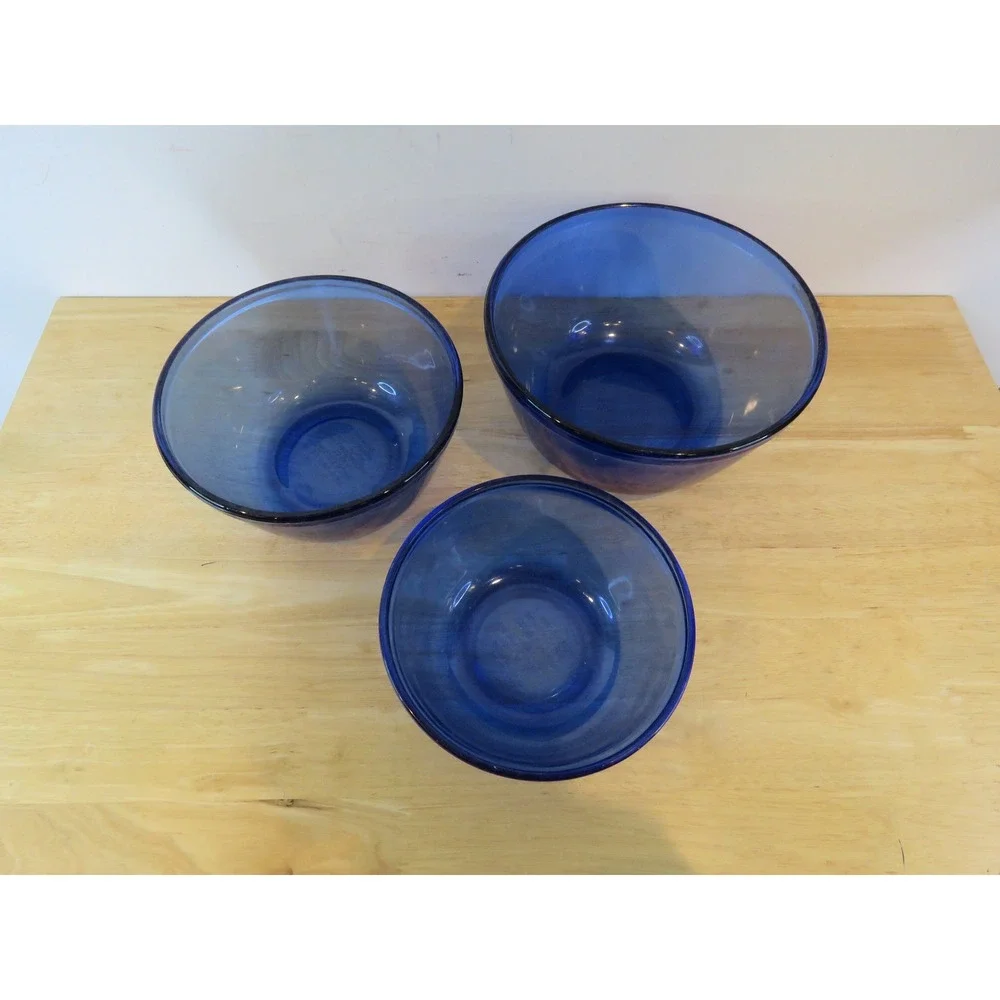 Vintage Set of 3 Anchor Hocking Ovenware Glassware Mixing Bowl Cobalt Blue